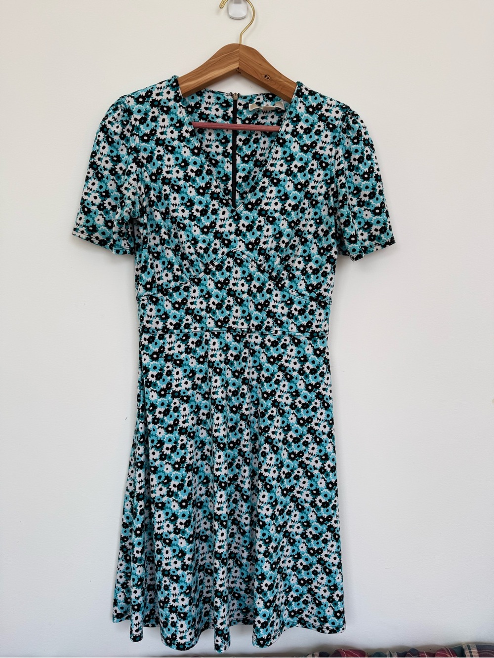 Michael Kors Teal Black White Floral Wrap-Style Dress